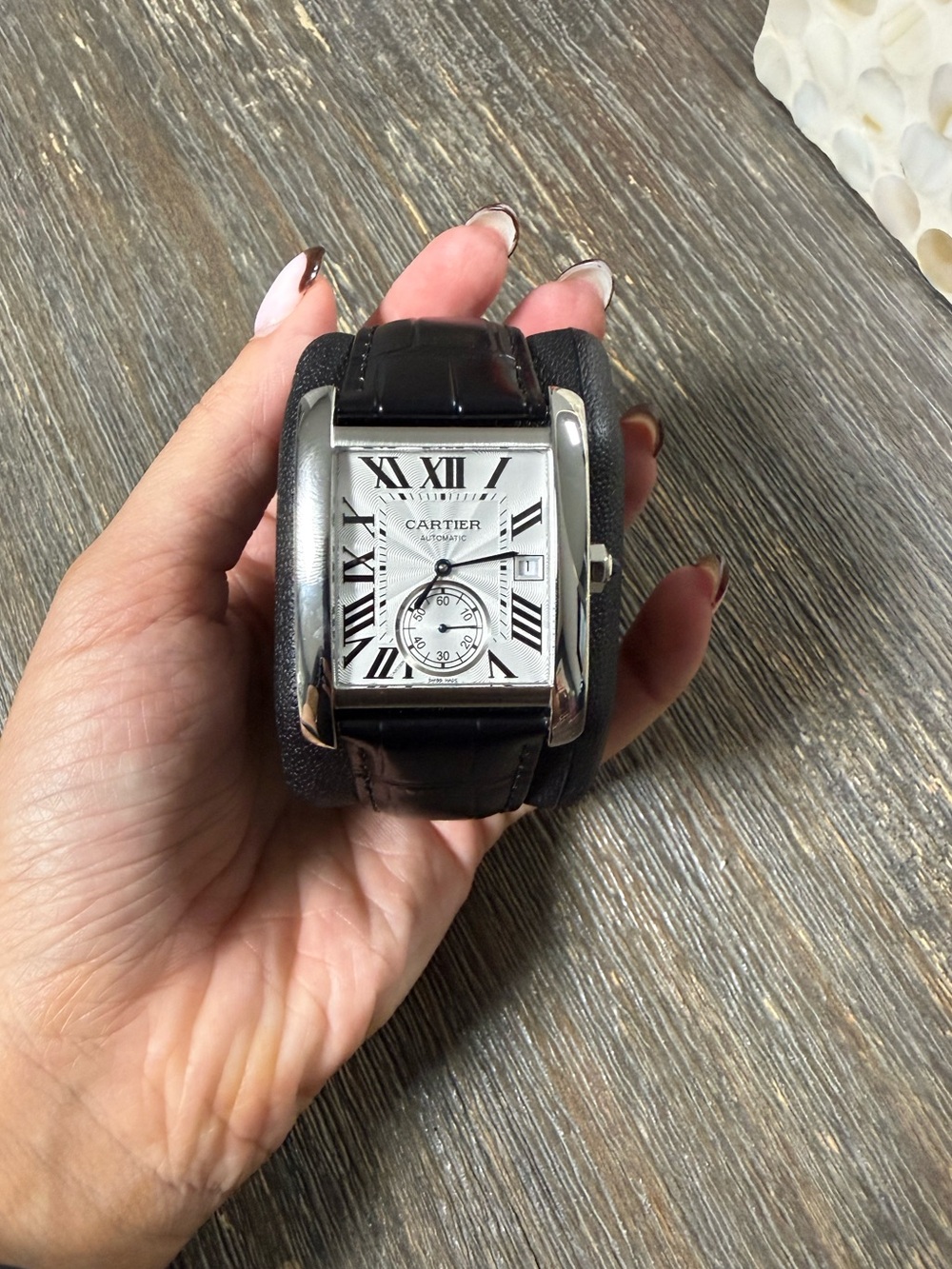 Silver-Tone Square Case Watch with Black Leather Strap